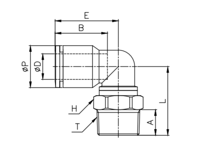 Bản vẽ kỹ thuật của đầu nối dòng MPL với các ký hiệu kích thước như øD, øP, T, L, E, A, B, H được thể hiện rõ ràng